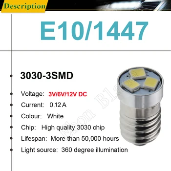 1/2 Buc E10 1447 Șurub Bec LED 3V si 6V 12V Lanterna Lampa 1.44 W 3030 3SMD Înlocuire Lanterna 3 6 12 Volți Alb Accesorii