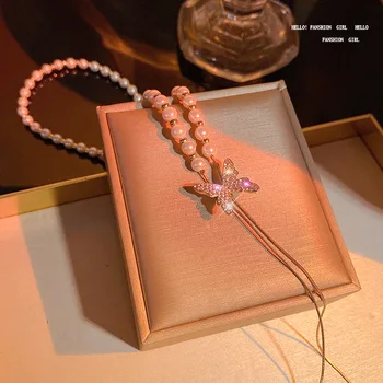 2022South Coreea de Noi Ins Oțel Titan Doamnelor Perla Colier de Lux Lumina Nișă Full Diamond Fluture Clavicula Lanț Ciucure
