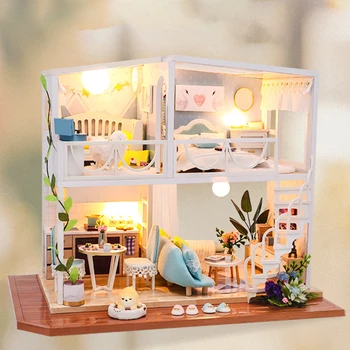 3D Doll House Kit Miniatură DIY Retro Villa lucrate Manual din Lemn de Casă de Păpuși pentru Copii de Craciun