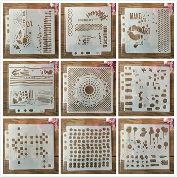 9Pcs/Set 13x14cm Epocă Geometrie Cuvinte DIY Stratificare Sabloane Pictura Album de Colorat Relief Album Decorative Șablon
