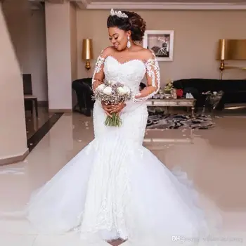 African Plus Dimensiune Sirena Rochii de Mireasa Pură Maneci Lungi, Aplicatii de Perle Rochii de Mireasa Vestido de noiva 2022