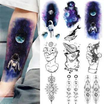 Albastru Acuarelă Galaxy Astronaut Tatuaje Temporare Spațiul Cosmic Om De Arta Corp Tatuaje False Autocolante Antebrațului Planete Gânditor Tatuaje