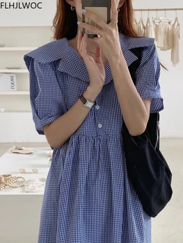 Albastru Carouri Rochii 2022 Nou Design Chic Coreea Moda Japonia Fete Tricou Lung Rochie 2260