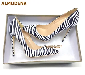 ALMUDENA Alb/negru Zebra cu Dungi, Pantofi cu Toc de 12cm 10 cm 8 cm Tocuri cui Pompe Subliniat Toe Slip-on Superficial Încălțăminte Size45