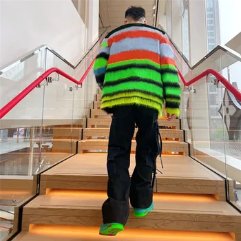 ANJAMANOR Neon Verde cu Dungi V Gât Cardigan Lung Haina Streetwear Femei Knitwears Negre Pulovere Supradimensionate D87-HB60