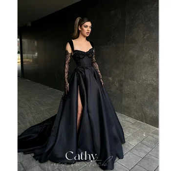 Cathy Gotic a-line Rochie de Bal Elegant de Mătase Satin rochie de Seara Matura de Coada فستان سهرة Dulce Spaghete Curea Rochii de Petrecere