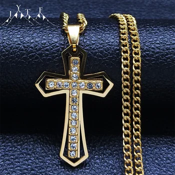 Cruce Gol Strat de Hip-Hop Creștin Coliere Stras din Oțel Inoxidabil de Culoare de Aur Religioase Colier Bijuterii Cadouri N4930S05