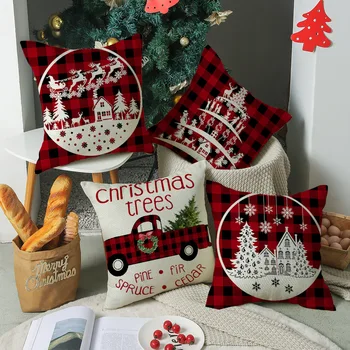Crăciun Pernele de Acoperire 18x18 Inch Roșu și Albastru, Crăciun Fericit Tipărite Fermă Decorative Buffalo Check Lenjerie de pat fata de Perna