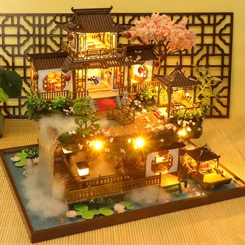Diy Casa de Păpușă de Lemn Kit Miniatura, Cu Mobilier Chinezesc Vila Mansarda Casa Vila de Păpuși Jucarii Pentru Fete Cadou de naștere.