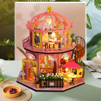Diy Casa De Păpușă De Lemn Kit Miniatura, Cu Mobilier Lumina Casa De Flori Magazin De Cafea Casă De Păpuși Jucării Roombox Pentru Adult Cadou De Crăciun