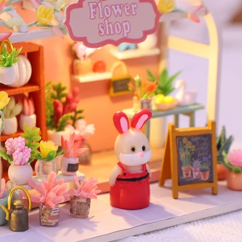 DIY din Lemn, Păpuși în Miniatură Kit de Iepure Magazin de Flori Mini Casa de Jucarie Magazin Casă de Păpuși, cu Mobilier Villa Fete Ziua de nastere Cadouri