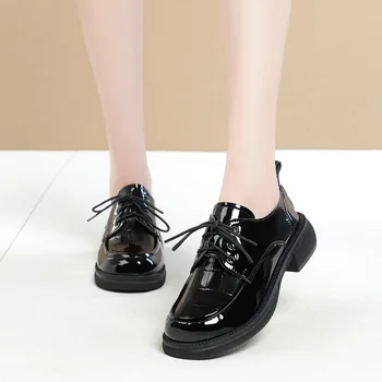 DRKANOL 2022 Stil Britanic Femei Pantofi de Primavara Toamna Stralucitoare piele de Vacă Dantela-up Toc Gros, Casual Pantofi din Piele de Negru de Mari Dimensiuni 41 42
