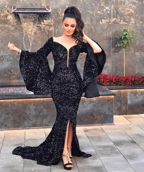 Elegant cu Maneca Lunga cu Paiete Rochii de Seara cu Slit Sirenă Fermoar Spate arabă Negru Abendkleid Robe de Soirée pentru Femei