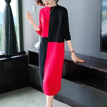 Elegant Vrac Femei Tricotat Rochii Pulover 2022 Noua Moda Mozaic Jumătate Guler Înalt Slin Genunchi-Lungime Office Lady Dress