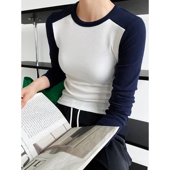Femei pe Gât Rotund Culoare de Contrast Tricotate T-shirt de Toamnă Scurt Maneca Lunga Slim Fit Shirt