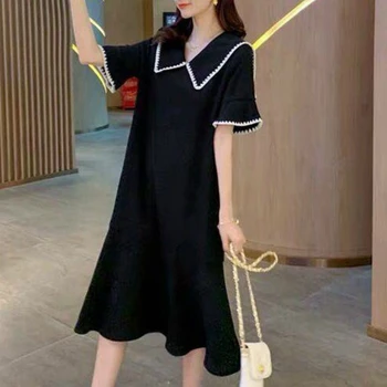 Femei rochie Neagra Populare 4XL Liber Mozaic de Moda Guler Marinar coreeană Stil Chic Dulci Femei Rochii Harajuku Simplu