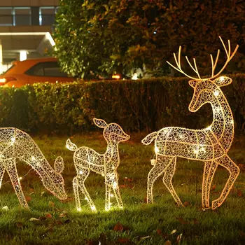 Grădină Cerb De Crăciun Trei Căprioare În Aer Liber Metal Luminoase Ornamente Stralucitoare Intermitente Cu Led-Uri De Cerb Elan Sclipici Paiete Lumina