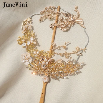 JaneVini de Lux de Aur Phoenix Chineză Buchete de Mireasa Tip Ventilator Artificiale 3D Flori de Cristal Metal Gol Fan Accesorii de Nunta
