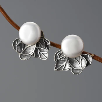 Lotus Distracție Neobișnuit de Epocă Naturale Baroc Pearl Frunze Cercei Stud pentru Femei Reale Argint 925 Original Moda Bijuterii