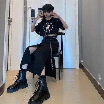 Midi Fuste Lungi Pentru Femei Gothic Lolita Moda De Vară Talie Mare Split Buzunar Fuste Harajuku Negru Streetwear Epocă 2021