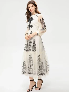 MoaaYina Designer de Moda rochie de Vara pentru Femei Rochie cu maneca Lunga de Broderie Flori Plasă de Epocă Rochii de Petrecere