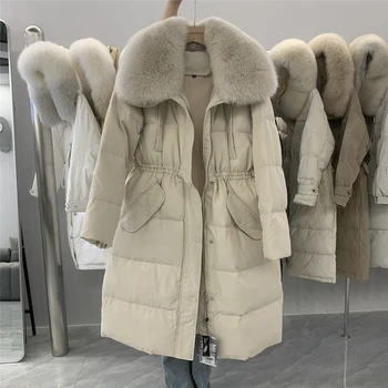 Moda coreeană Palton Mare de Blană de Vulpe Guler Rever Talie 90 Alb Rață Jos de Mijlocul lungimii Femei Iarna Puffer Jacheta Jos Hainele