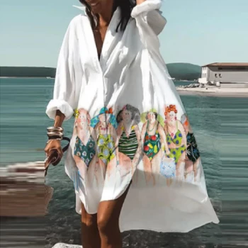 Plus Size Beach Tricou Femei Rochie Print V-neck Maneca Lunga Rochie Vrac Boem Petrecere pe Plaja Vestidos Halat Sundress платье 2021