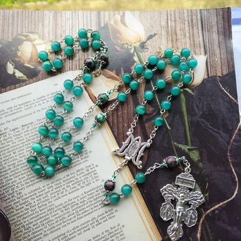 QIGO Verde Opal Rozariul Lungă Epocă de Mare Cruce Isus Virgin Colier Pentru Barbati Femei Rugăciune Religioasă Bijuterii