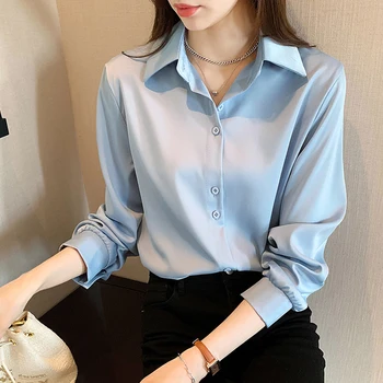 QOERLIN 4XL OL Stil Șifon Bluza Femei cu Maneci Lungi Elegante, Topuri Tricou Solidă Maneca Lunga coreean Bluze Largi Blusas Roz Albastru