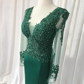QSYYE Verde Rochii de Bal Elastic Sirenă Mult Femeile Aplicatii de Dantela Formale Partid Rochie Mâneci Lungi V Gât Rochie de Seara Emerald