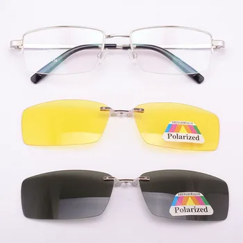 Rama de ochelari Pentru Barbati + 2 BUC Magnetic Clip-on ochelari de Soare UV400 Galben Polarizat Ochelari de vedere de Noapte de Argint Oglindă de Conducere