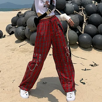 Roșu Rece Gotic Pantaloni Femei Cool Cuplu Retro Largi Picior Carouri Joggeri Toamna Moda Coreeană Vrac High Street Pantaloni Trendy De Sex Feminin