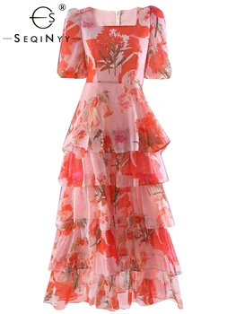 SEQINYY Roșu Rochie Midi de Vara Primăvara anului Nou Design de Moda Femei Pista Sicilia Flori Roz Vintage Print efecte Cascadă