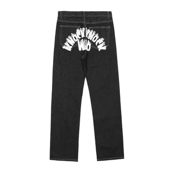 Streetwear Baggy Jeans Mens Harajuku Desene Animate Diavolul Scrisoarea Imprimate Pantaloni Din Denim Hip Hop Casual Drept Spălat Pantaloni Sex Masculin Negru