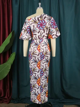 Tipărite Bodycon Rochii de Umăr Rece Scurt Puff Maneca Talie Mare Florale se potrivesc Slim Fit Lungime de Glezna Africane Tinutele vestimentare pentru Femei