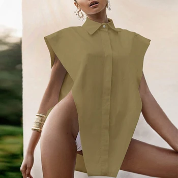 TWOTWINSTYLE Sexy Camasa Pentru Femei Rever Sleevelesss Gol Liber Supradimensionate Noutate de Top Tricouri Femei 2021 Vara Noi